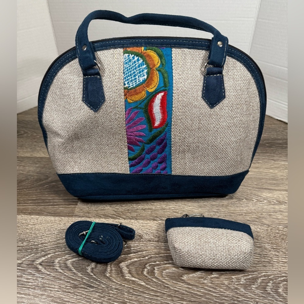 Guatemalan Handmade Purse Satchel Suede & Linen Floral Embroidered Boho Aztec